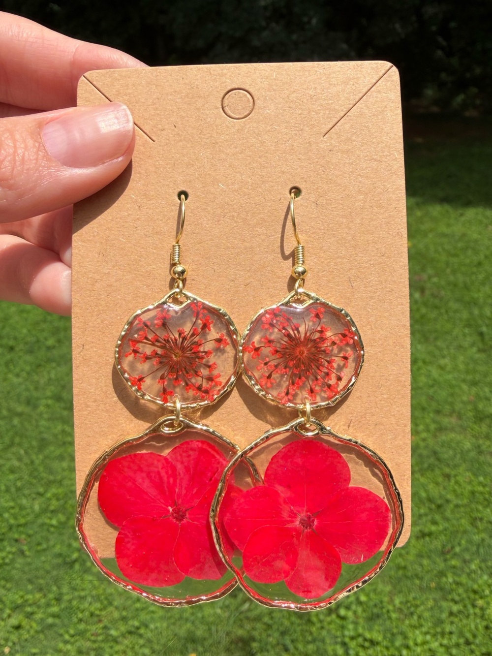 E12 Handmade Real Pressed Flower Resin Earrings | Gold Floral Botanical Jewelry